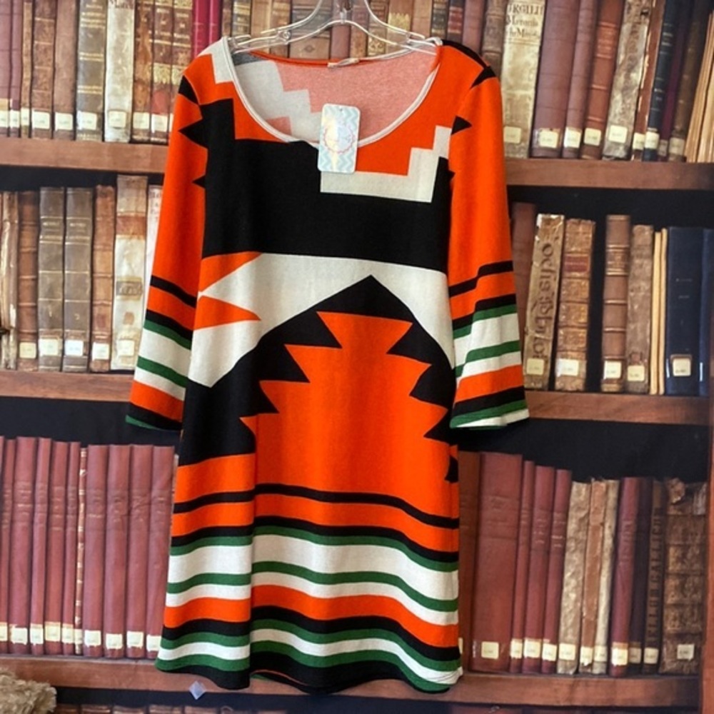 J&M NWT Orange Black Southwestern Geometric Midi Dress M Made in USA